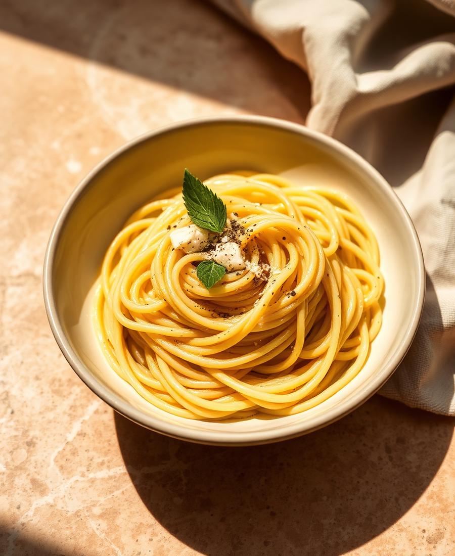 Cacio e pepe spaghetti with pecorino and cracked black pepper