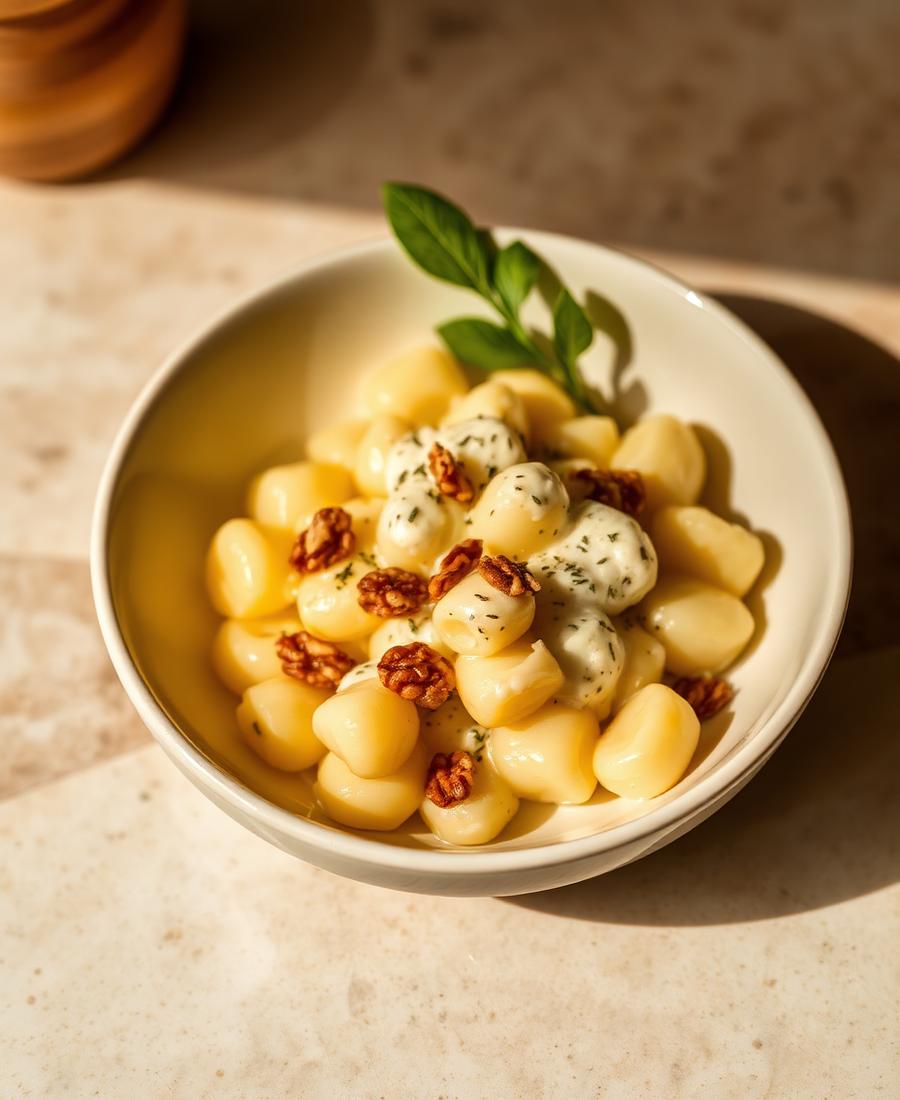 Potato gnocchi in gorgonzola cream with toasted walnuts
