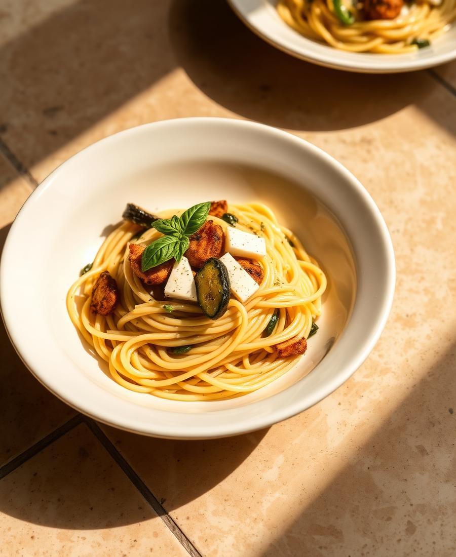 Spaghetti alla Nerano with courgette, provolone and basil