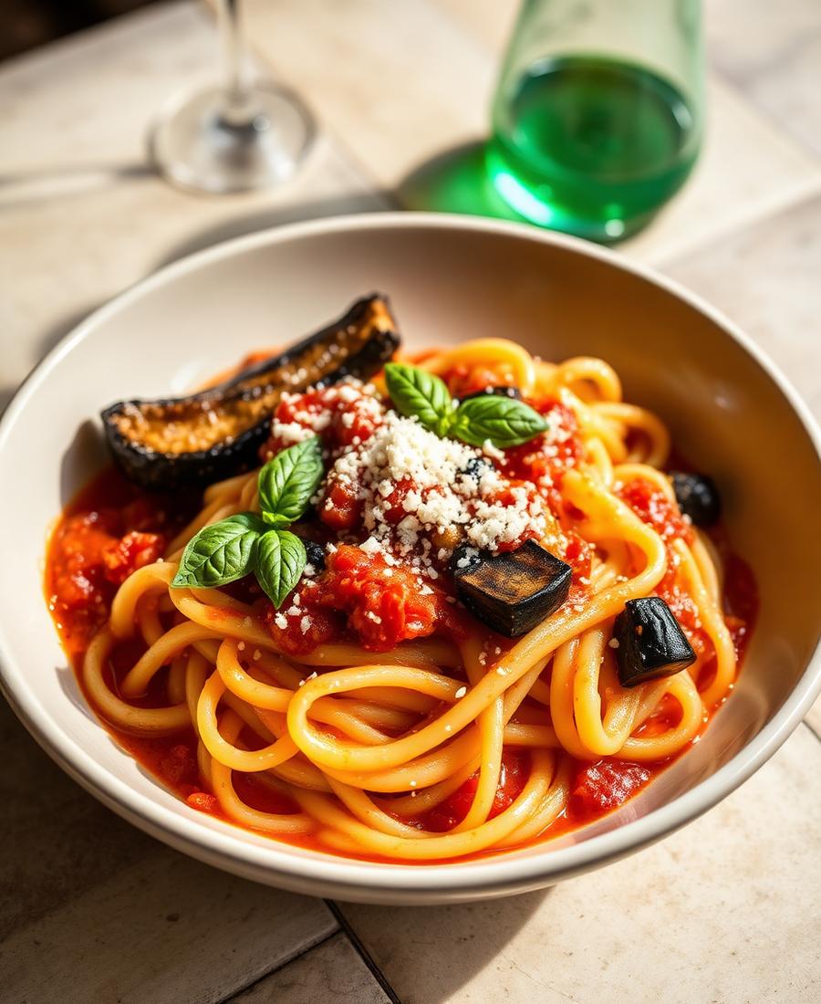 Rigatoni alla Norma with tomato, roasted aubergine and basil