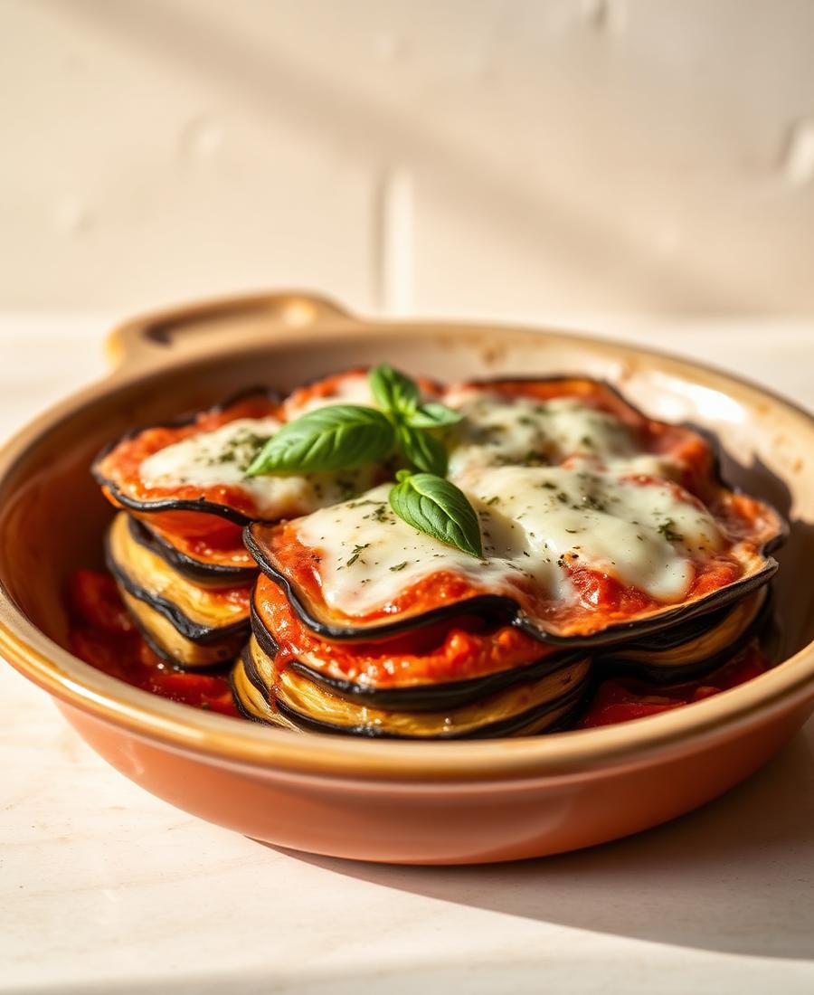 Baked melanzane parmigiana with tomato, basil and melted cheese