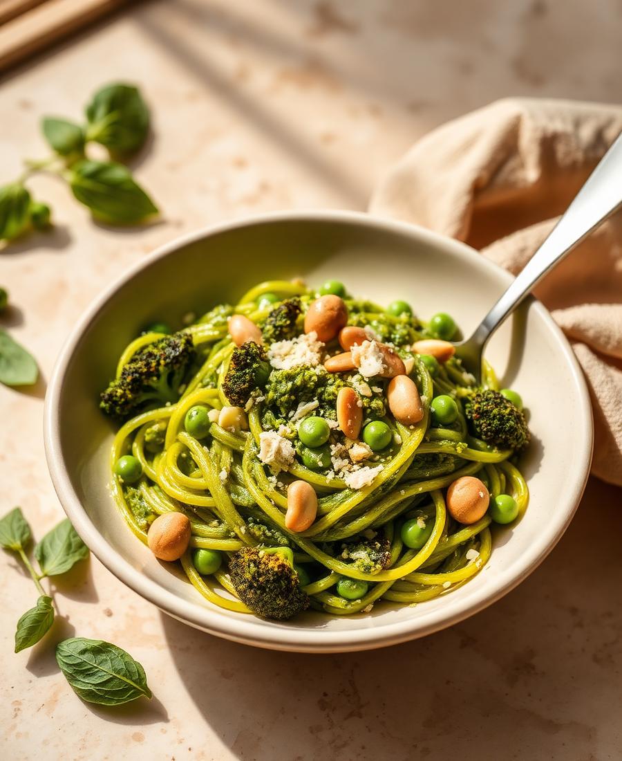 Green pesto pasta with peas and pine nuts