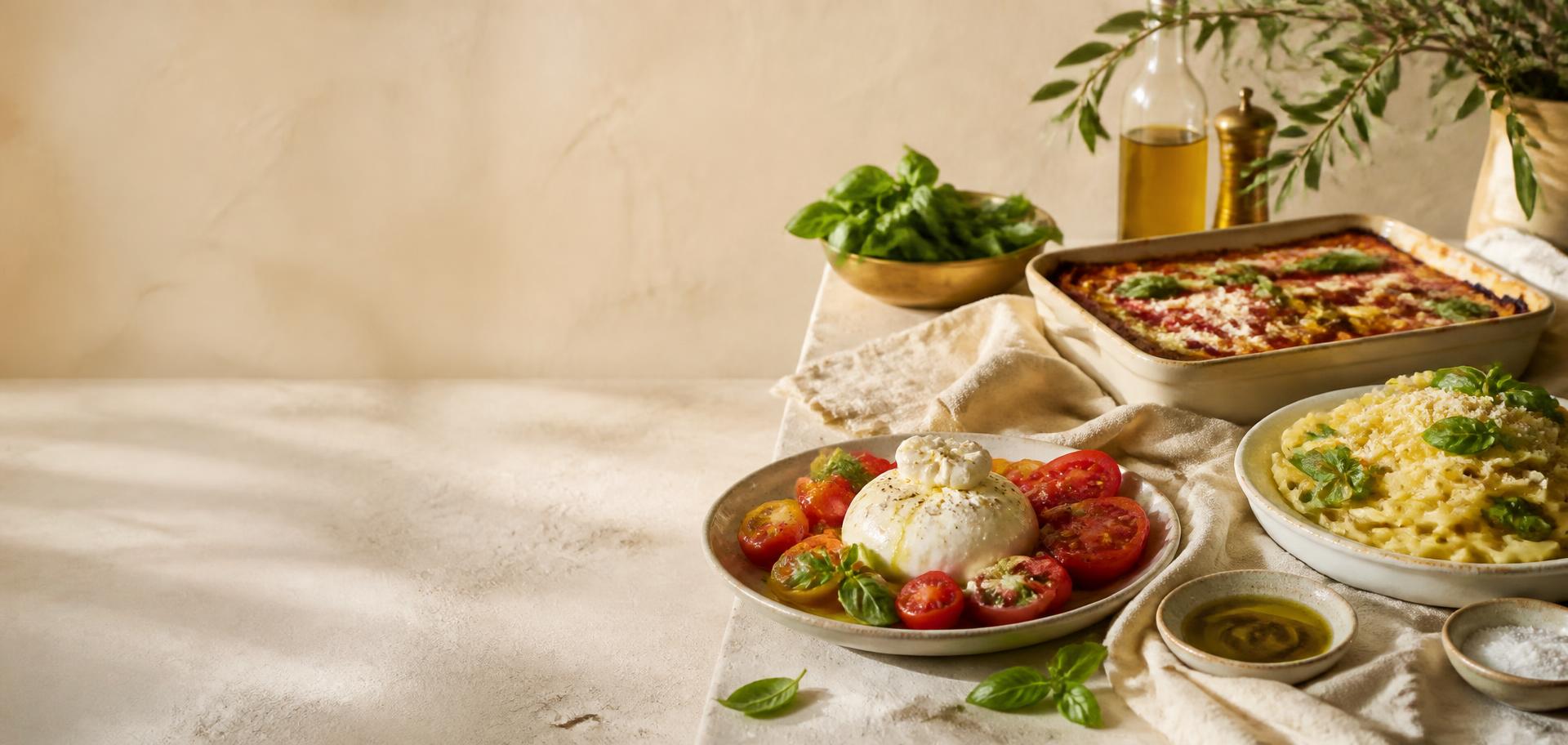 An Italian table of burrata, tomatoes, fresh pasta and aubergine parmigiana