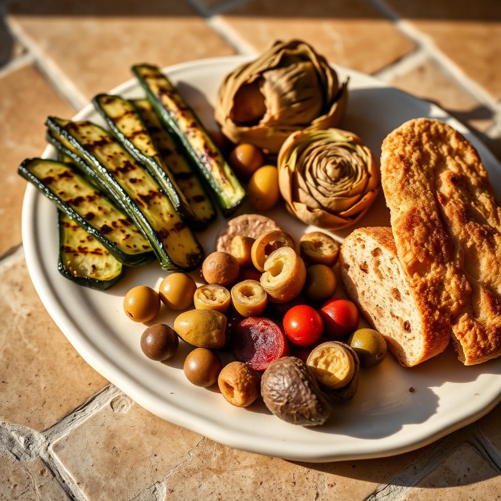 Antipasti platter with grilled courgette and olives