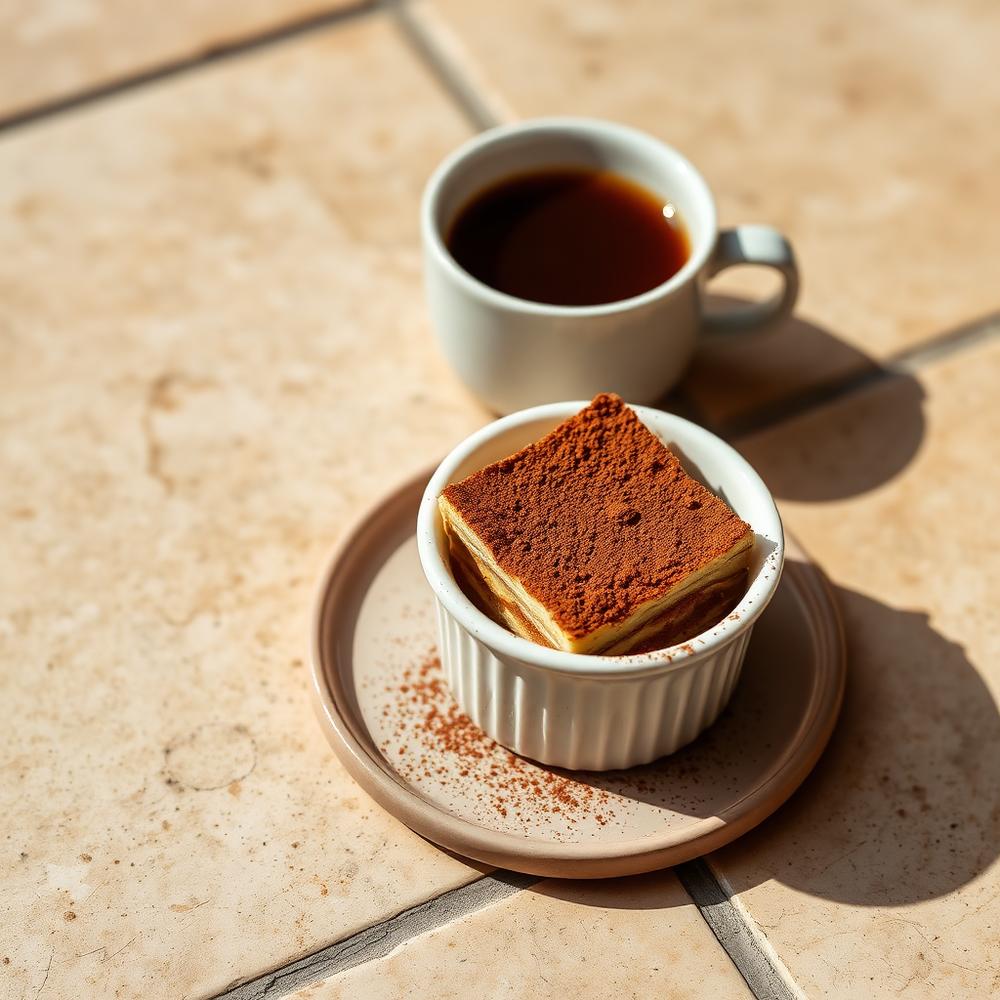 Tiramisù dusted with cocoa beside an espresso