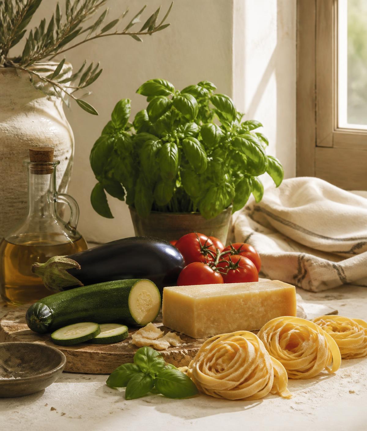 Basil, tomatoes, aubergine, courgette, Parmesan and fresh pasta on a sunlit kitchen table