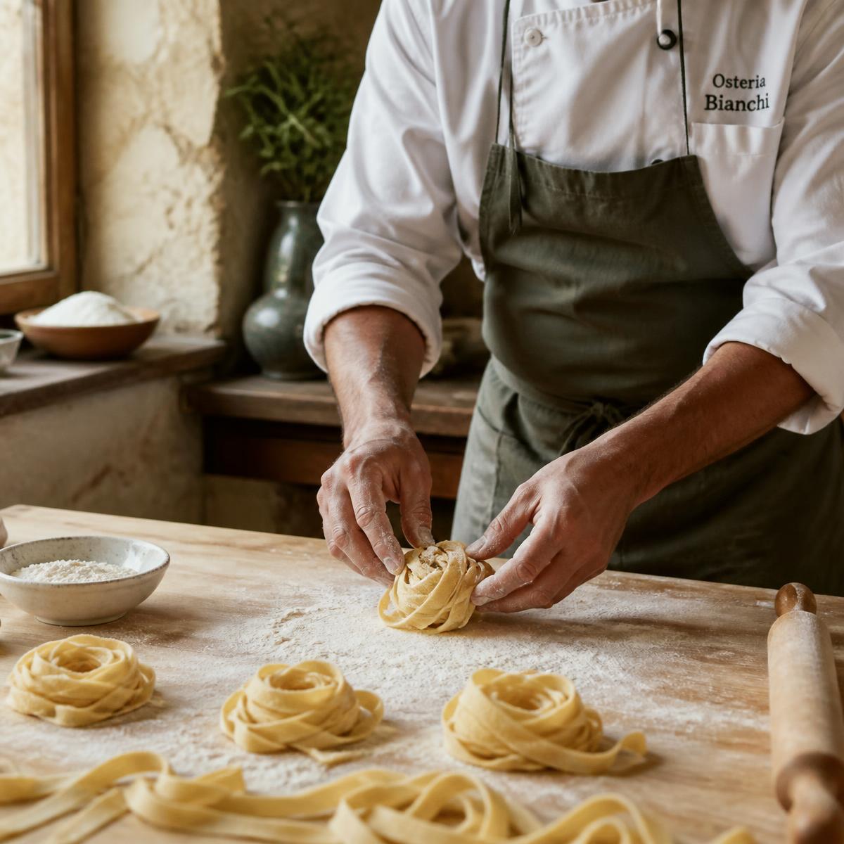 Chef's hands shaping fresh tagliatelle on a floured wooden board